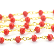 Load image into Gallery viewer, Red Coral Faceted Bead Rosary Chain 3-3.5mm Gold Plated Bead Rosary 5FT
