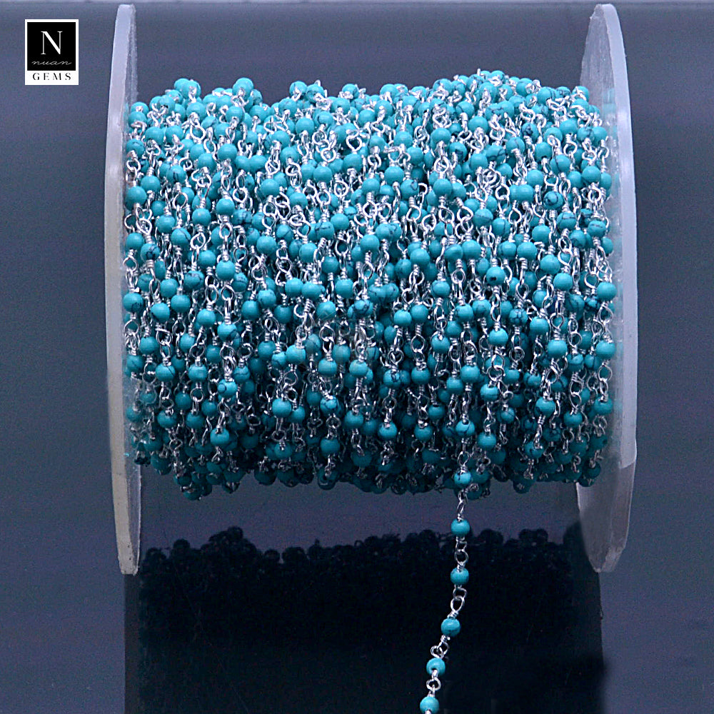 5ft Turquoise Green 2-2.5mm Silver Wire Wrapped Beads Rosary | Gemstone Rosary Chain | Wholesale Chain Faceted Crystal