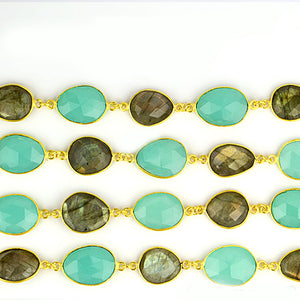 Labradorite With Aqua Chalcedony 10-15mm Mix Faceted Shape Gold Plated Bezel Continuous Connector Chain