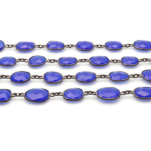 Dark Blue Chalcedony 10-15mm Mix Faceted Shape Oxidized Bezel Continuous Connector Chain