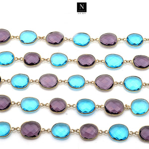 Amethyst And Blue Topaz 15mm Mix Faceted Shape Gold Plated Bezel Continuous Connector Chain