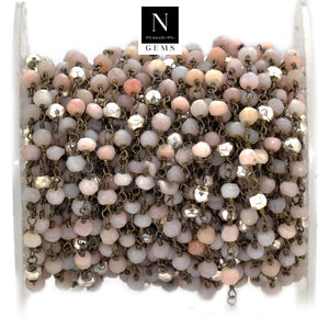 Pink Opal & Silver Pyrite Faceted Bead Rosary Chain 3-3.5mm Oxidized Bead Rosary 5FT