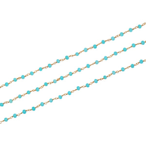 Aqua Jade Faceted Bead Rosary Chain 3-3.5mm Gold Plated Bead Rosary 5FT
