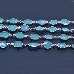 Aqua Chalcedony 10-15mm Mix Shape Silver Plated Bezel Continuous Connector Chain