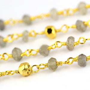 Labradorite & Golden Pyrite Faceted Bead Rosary Chain 3-3.5mm Gold Plated Bead Rosary 5FT