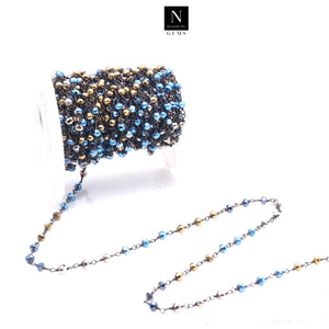Metallic Blue Ray Pyrite & Metallic Golden Faceted Bead Rosary Chain 3-3.5mm Oxidized Bead Rosary 5FT