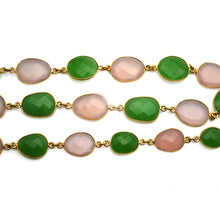 Load image into Gallery viewer, Rose Chalcedony &amp; Chrysoprase Chalcedony 15mm Mix Faceted Shape Gold Plated Bezel Continuous Connector Chain
