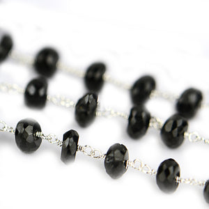 Black Spinel Faceted Large Beads 5-6mm Silver Plated Rosary Chain