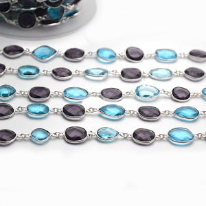 Blue Topaz With Amethyst 10mm Mix Faceted Shape Silver Plated Bezel Continuous Connector Chain
