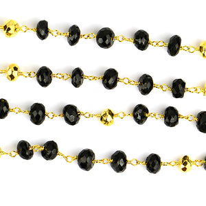 Black Spinel With Golden Pyrite Faceted Large Beads 5-6mm Gold Plated Rosary Chain