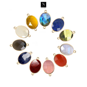 10pc Set Oval Birthstone Double Bail Gold Plated Bezel Link Gemstone Connectors 15x20mm