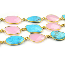 Load image into Gallery viewer, Rose Chalcedony With Turquoise 15mm Mix Shape Gold Plated Wholesale Connector Rosary Chain

