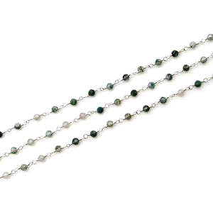 Moss Agate Faceted Bead Rosary Chain 3-3.5mm Silver Plated Bead Rosary 5FT
