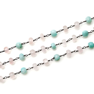 Rose Quartz With Amazonite Faceted Large Beads 7-8mm Oxidized Rosary Chain