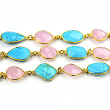 Load image into Gallery viewer, Rose Chalcedony With Turquoise 10-15mm Mix Shape Gold Plated Wholesale Connector Rosary Chain
