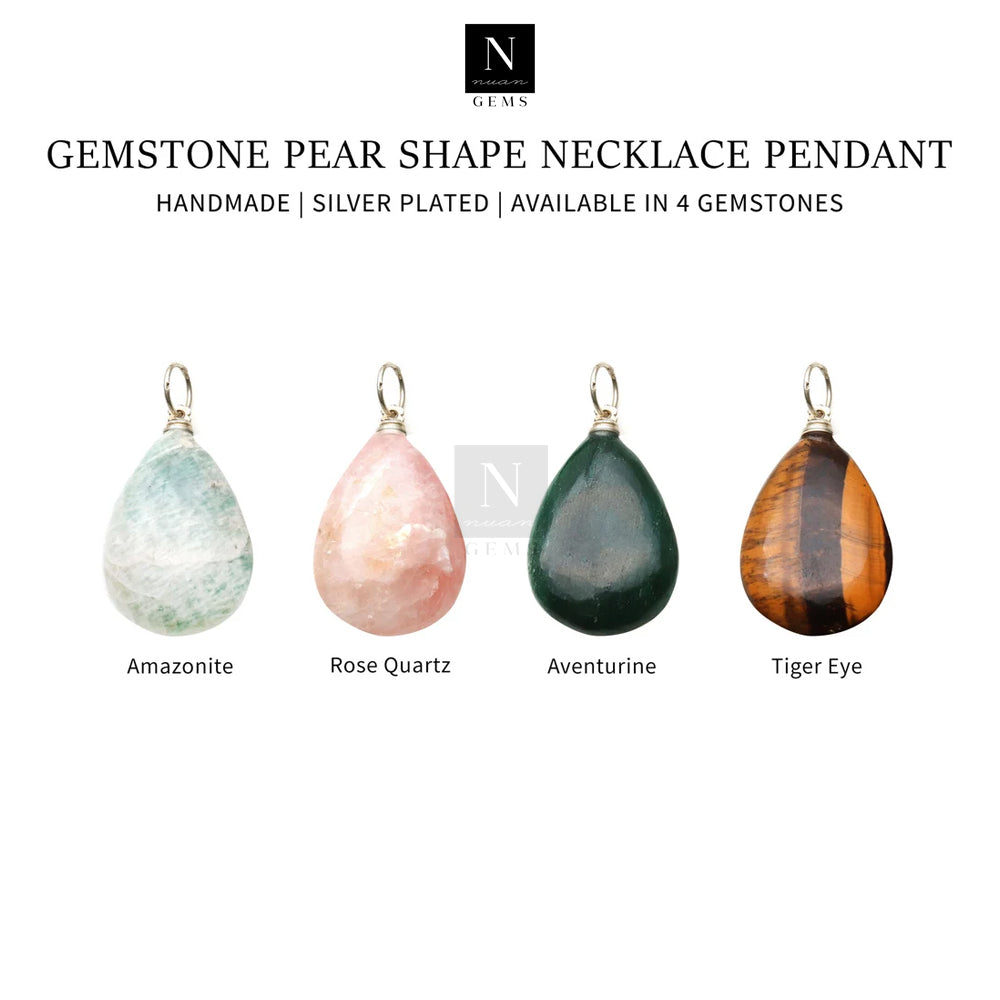 5PC Gemstone Pear Pendant | Silver Plated Necklace Pendant | Cabochon Gemstone Pendant