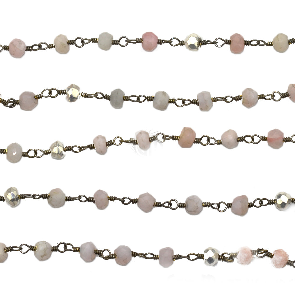 Pink Opal & Silver Pyrite Faceted Bead Rosary Chain 3-3.5mm Oxidized Bead Rosary 5FT