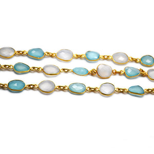 Aqua & White Chalcedony 10mm Mix Faceted Shape Gold Plated Bezel Continuous Connector Chain