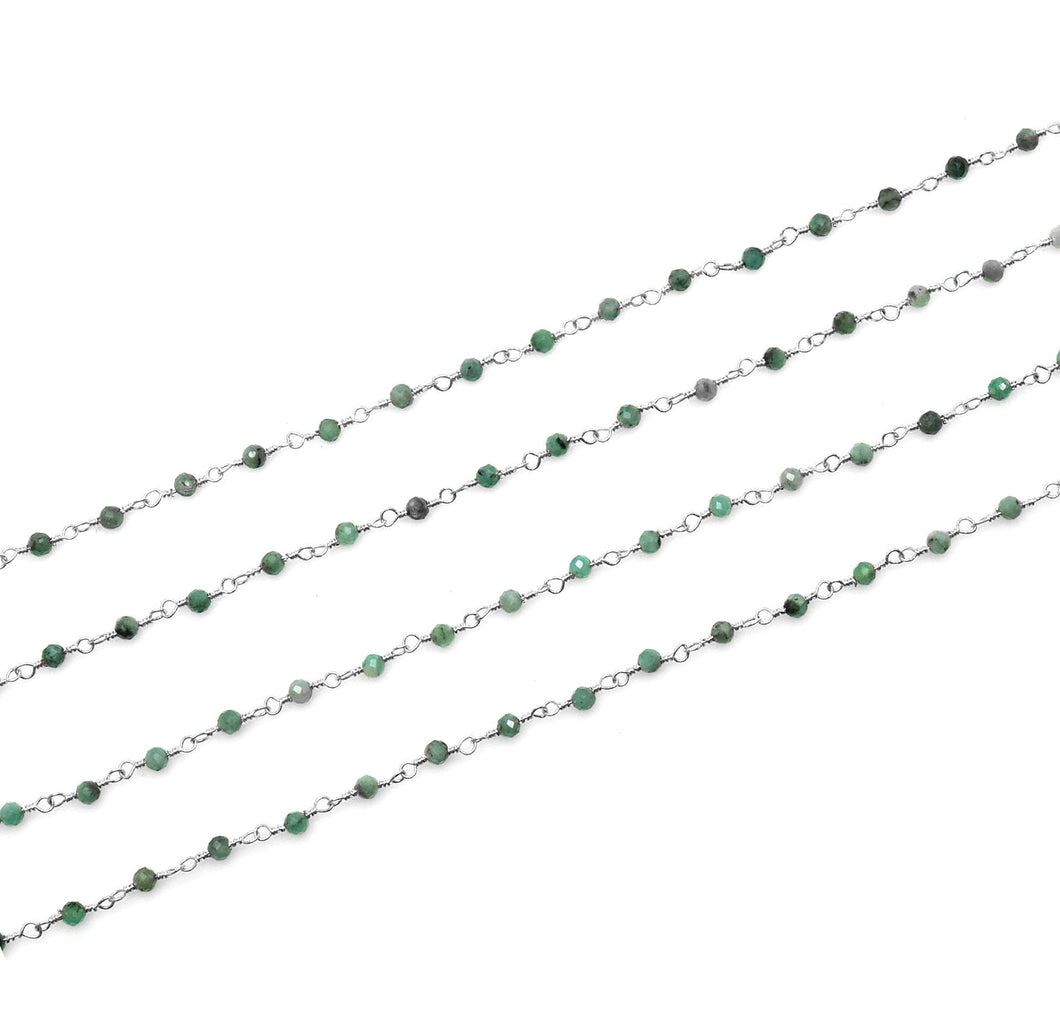 5ft Emerald 2-2.5mm Silver Wire Wrapped Beads Rosary | Gemstone Rosary Chain | Wholesale Chain Faceted Crystal