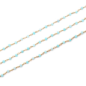 Aqua Chalcedony Faceted Bead Rosary Chain 3-3.5mm Gold Plated Bead Rosary 5FT