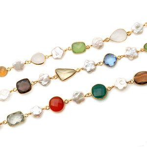 Multi-Color With Star Pearl 10-15mm Mix Faceted Shape Gold Plated Bezel Continuous Connector Chain