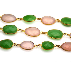 Rose Chalcedony & Chrysoprase Chalcedony 15mm Mix Faceted Shape Gold Plated Bezel Continuous Connector Chain