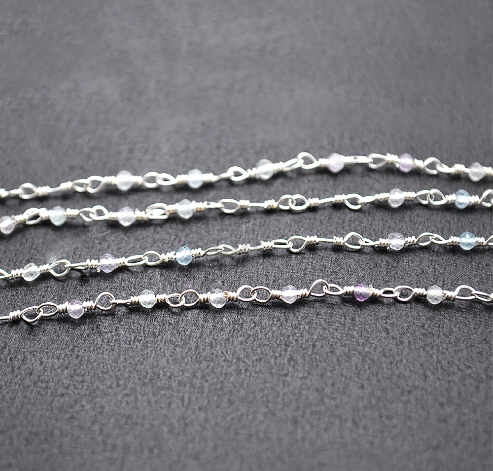 5ft Fluorite 2-2.5mm Silver Wire Wrapped Beads Rosary | Gemstone Rosary Chain | Wholesale Chain Faceted Crystal