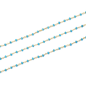 5ft Blue Zircon 3-3.5mm Gold Wire Wrapped Beads Rosary | Gemstone Rosary Chain | Wholesale Chain Faceted Crystal