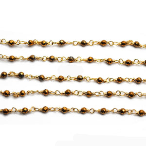 5ft Golden Pyrite 2-2.5mm Gold Wire Wrapped Beads Rosary | Gemstone Rosary Chain | Wholesale Chain Faceted Crystal