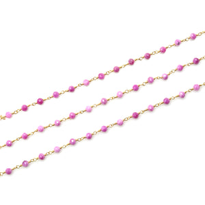 Pink Jade Faceted Bead Rosary Chain 3-3.5mm Gold Plated Bead Rosary 5FT