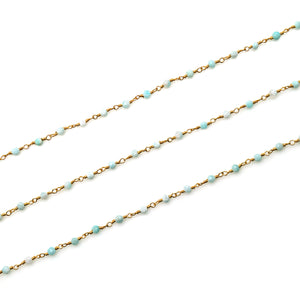 5ft Larimar 2-2.5mm Gold Wire Wrapped Beads Rosary | Gemstone Rosary Chain | Wholesale Chain Faceted Crystal