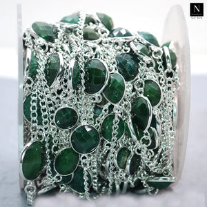 Emerald 10-13mm Mix Faceted Shape Silver Plated Bezel Continuous Connector Chain