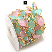 Load image into Gallery viewer, Rose With Aqua Chalcedony 10-15mm Mix Faceted Shape Gold Plated Bezel Continuous Connector Chain
