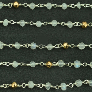 Rainbow & Golden Pyrite Faceted Bead Rosary Chain 3-3.5mm Silver Plated Bead Rosary 5FT