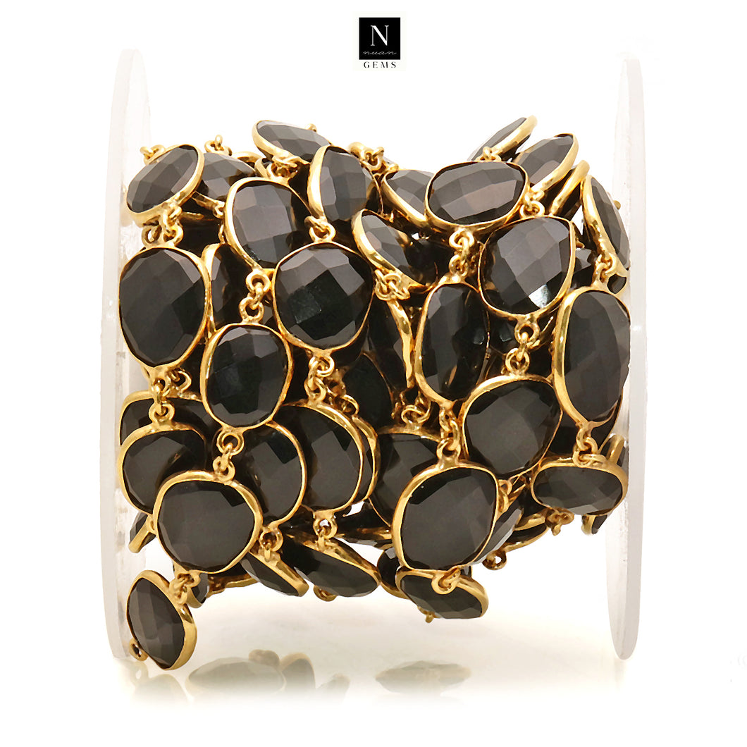 Black Onyx 10-15mm Mix Faceted Shape Gold Plated Bezel Continuous Connector Chain