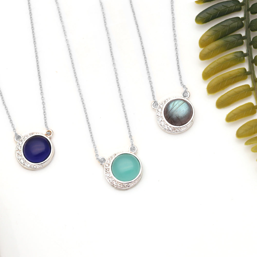 5PC Crescent Moon Shape Pendants and Necklaces | Round Silver Plated Birthstone | Gemstone Moon Pendant