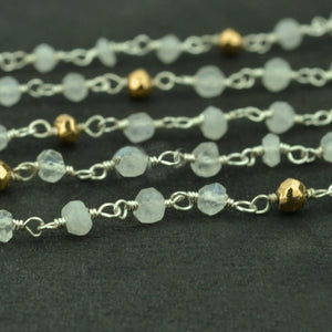 Rainbow & Golden Pyrite Faceted Bead Rosary Chain 3-3.5mm Silver Plated Bead Rosary 5FT