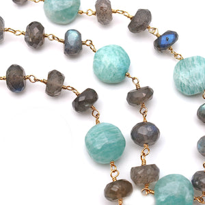 Labradorite 7-8mm With Amazonite 10-11mm Faceted Large Beads Gold Plated Rosary Chain