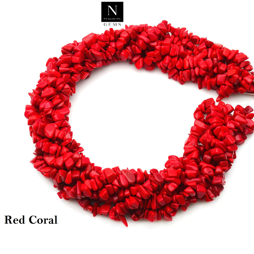 5 Strands Red Coral Gemstone Chip beads | 7-10mm Bead Necklace | Free Form Nugget Chips | Gemstone Chips | Long Bead Strand