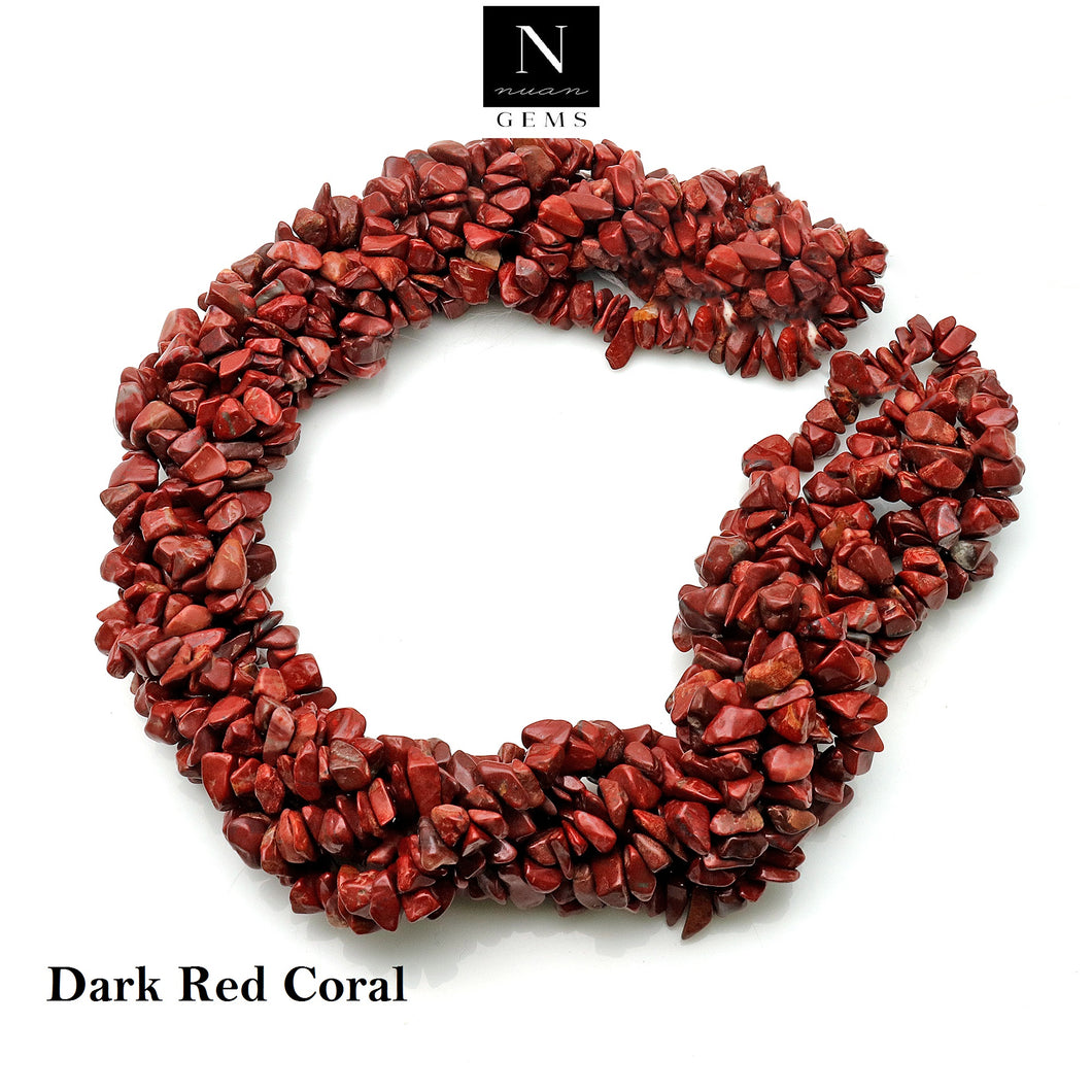 5 Strands Dark Red Coral Gemstone Chip beads | 7-10mm Bead Necklace | Free Form Nugget Chips | Gemstone Chips | Long Bead Strand