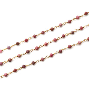 Rhodochrosite Faceted Bead Rosary Chain 3-3.5mm Gold Plated Bead Rosary 5FT
