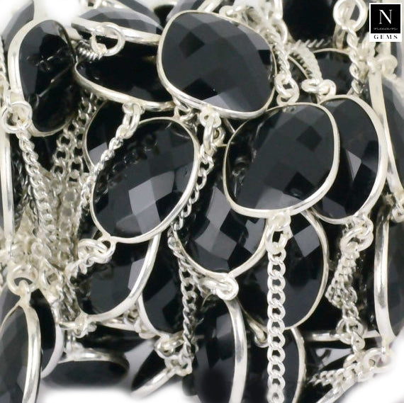 Black Onyx 10-15mm Mix Shape Silver Plated Wholesale Connector Rosary Chain