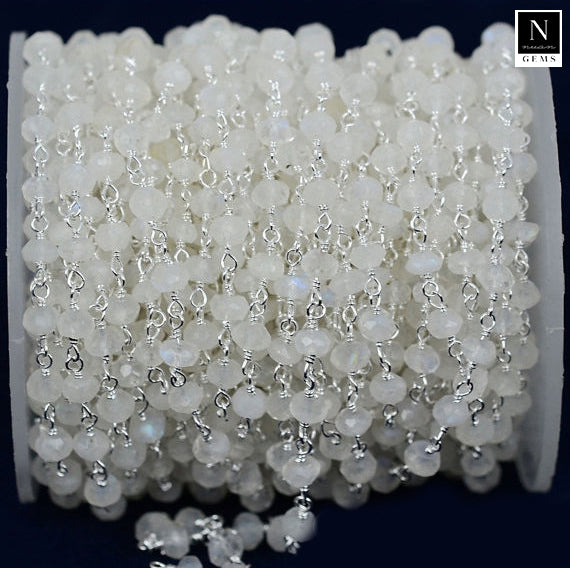 Rainbow Moonstone Faceted Bead Rosary Chain 3-3.5mm Sterling Silver Bead Rosary 5FT
