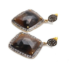 Load image into Gallery viewer, Gold Vermeil Over Sterling Silver Brown Sapphire With Cubic Zirconia Pave Diamond 43x27mm Dangle Drop Earring
