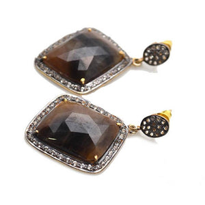 Gold Vermeil Over Sterling Silver Brown Sapphire With Cubic Zirconia Pave Diamond 43x27mm Dangle Drop Earring