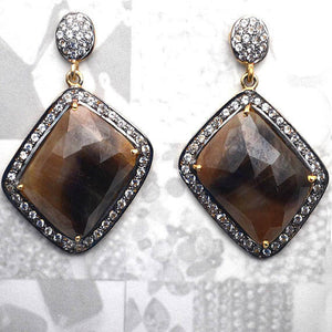 Brown Sapphire With Cubic Zirconia Pave Diamond 43x27mm,Gold Vermeil Dangle Drop Stud Earring - GemMartUSA
