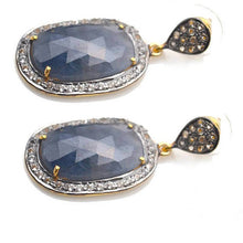 Load image into Gallery viewer, Gold Vermeil Over Sterling Silver Blue Sapphire With Cubic Zirconia Pave Diamond 38x17mm Dangle Drop Earring
