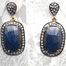 Load image into Gallery viewer, Blue Sapphire With Cubic Zirconia Pave Diamond 38x17mm,Gold Vermeil Dangle Drop Stud Earring - GemMartUSA
