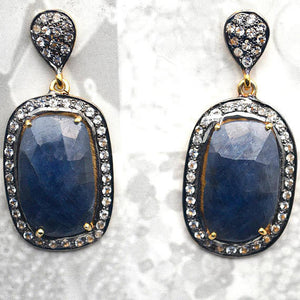 Blue Sapphire With Cubic Zirconia Pave Diamond 38x17mm,Gold Vermeil Dangle Drop Stud Earring - GemMartUSA