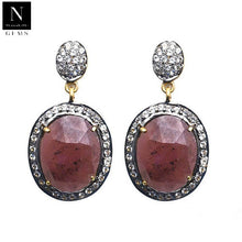 Load image into Gallery viewer, Gold Vermeil Over Sterling Silver Red Sapphire With Cubic Zirconia Pave Diamond 35x19mm Dangle Drop Earring
